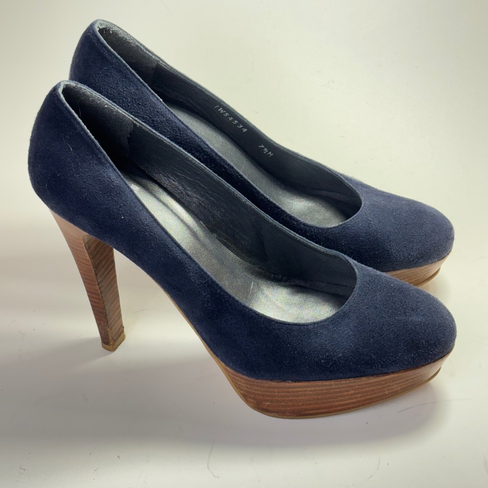 Stuart Weitzman Navy Blue Suede Wood Stacked Platform Pumps Heels Size 7.5 M